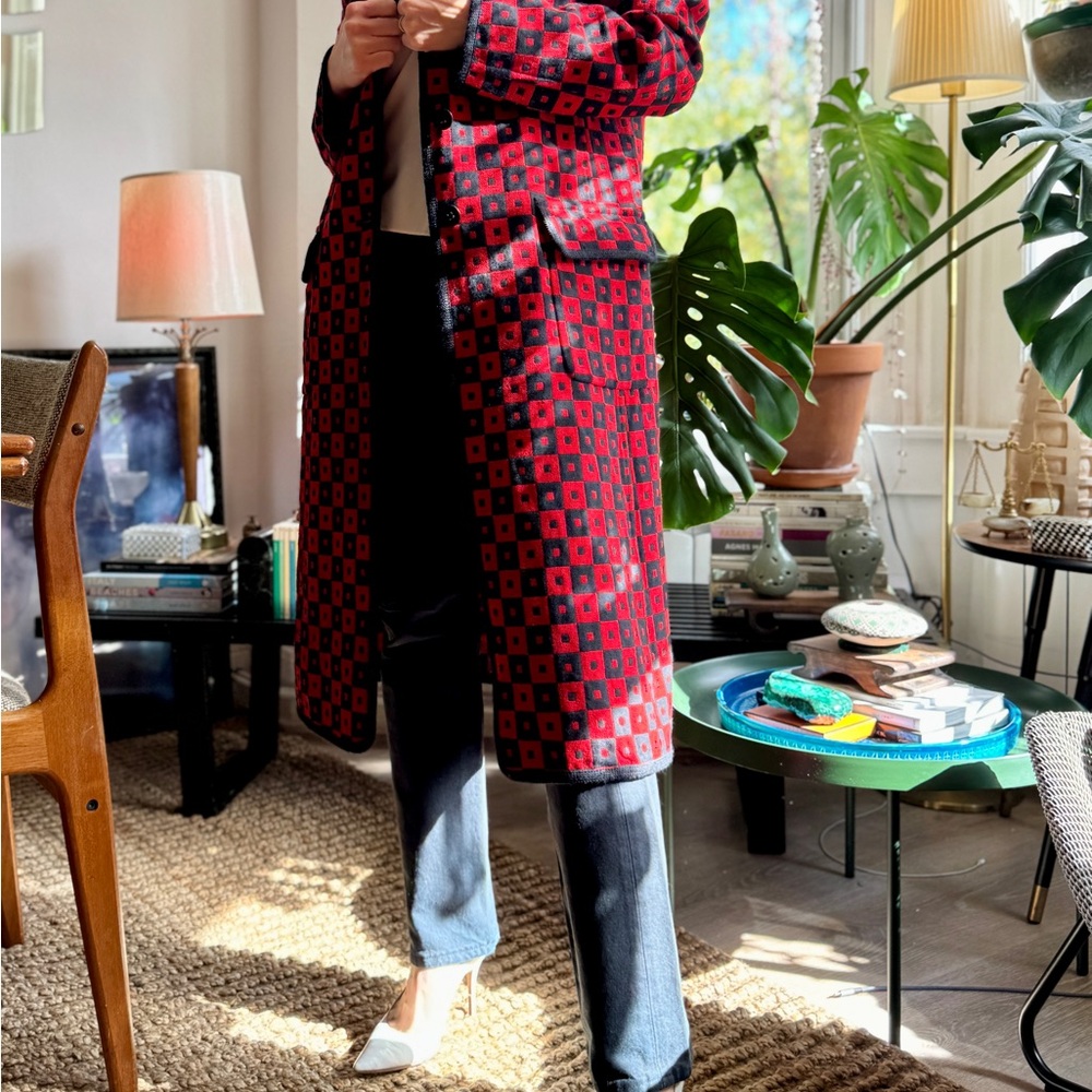 Louis Feraud Red and Black Checkered Trench Coat